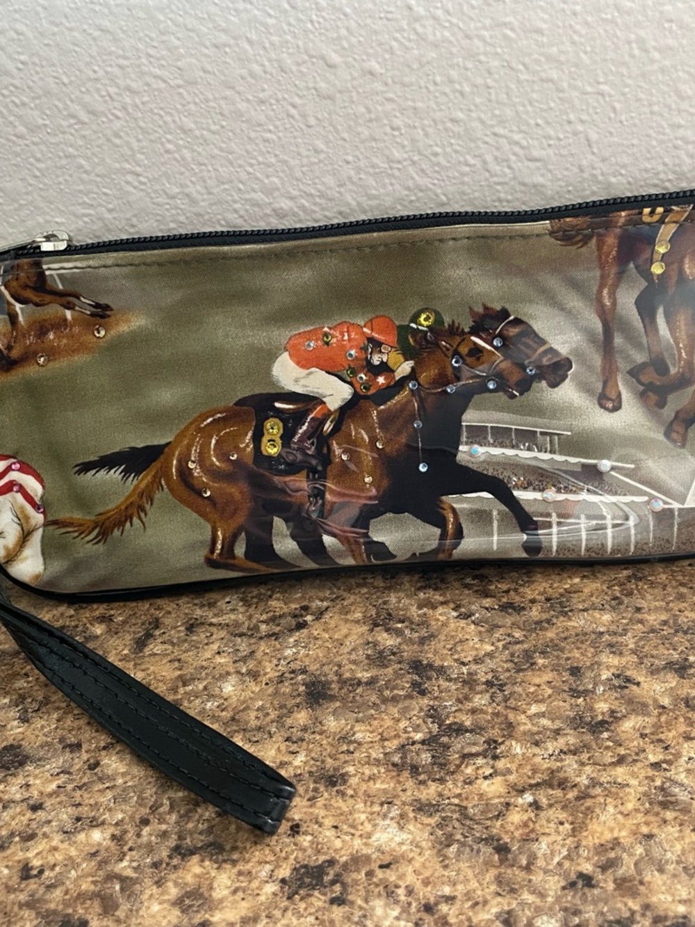 Racing Horses Printed Wristlet Clutch – Brown & Olive | M. Andonia
